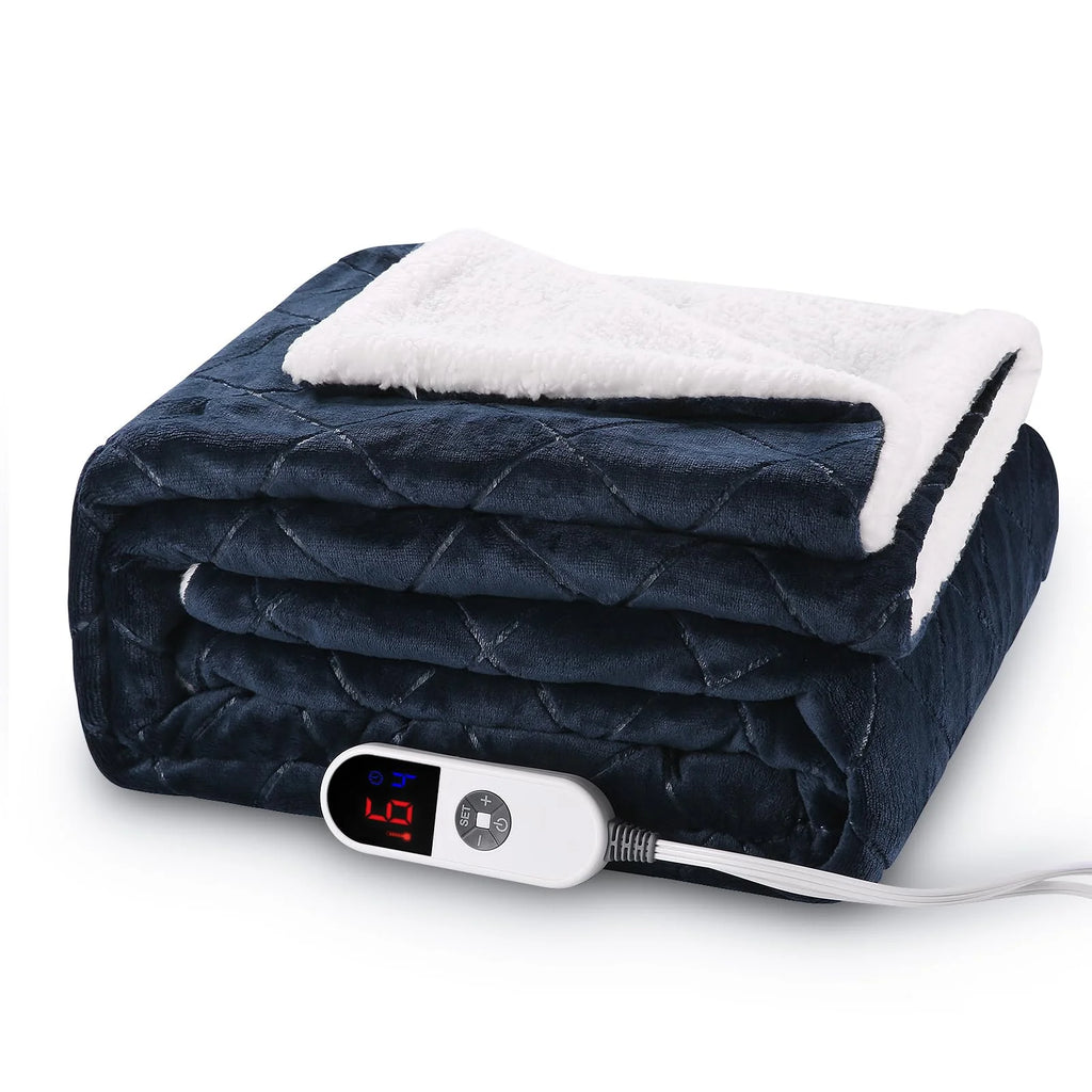 Entil Electric Heated Throw Blanket 50"x60" Dark Blue Flannel & Sherpa Y458