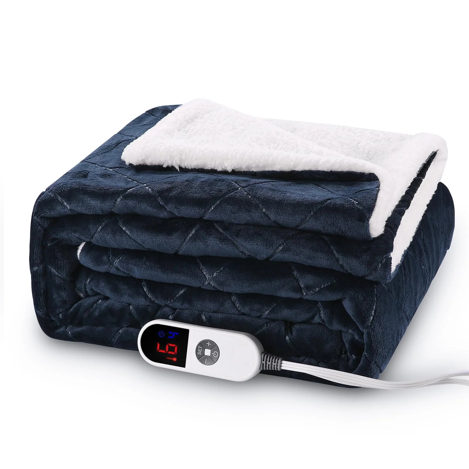 Entil Electric Heated Throw Blanket 50"x60" Dark Blue Flannel & Sherpa Y458