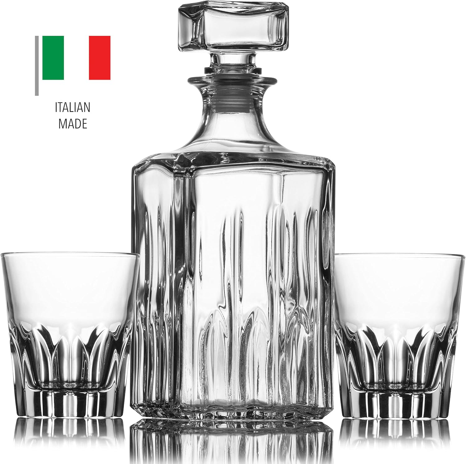 Godinger Whiskey Decanter and 2 Glasses Bar Set, Italian Made G948247