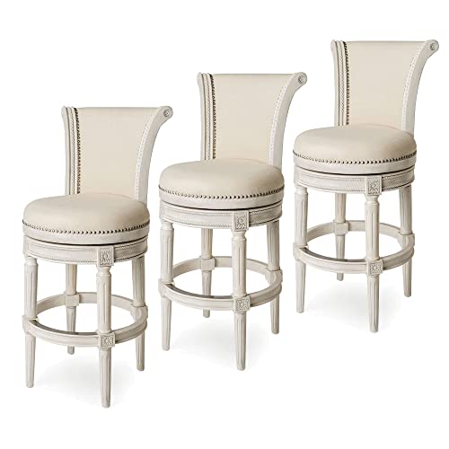 Maven Lane Pullman 31 Inch Tall Bar Height Upholstered Barstool with Back in Weathered Oak Finish with Sand Color Fabric Cushion Seat, Set of 3