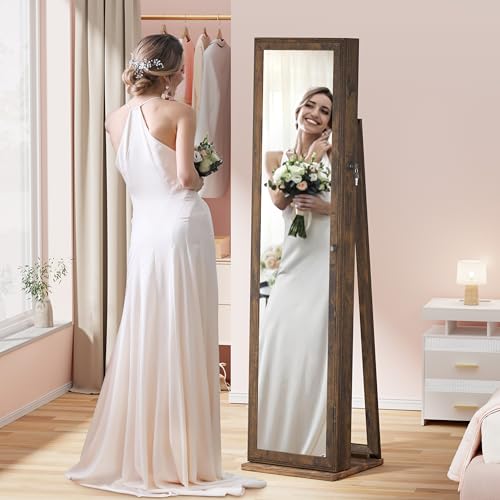 Lockable Jewelry Cabinet with Full-Length Mirror, Brown M5566