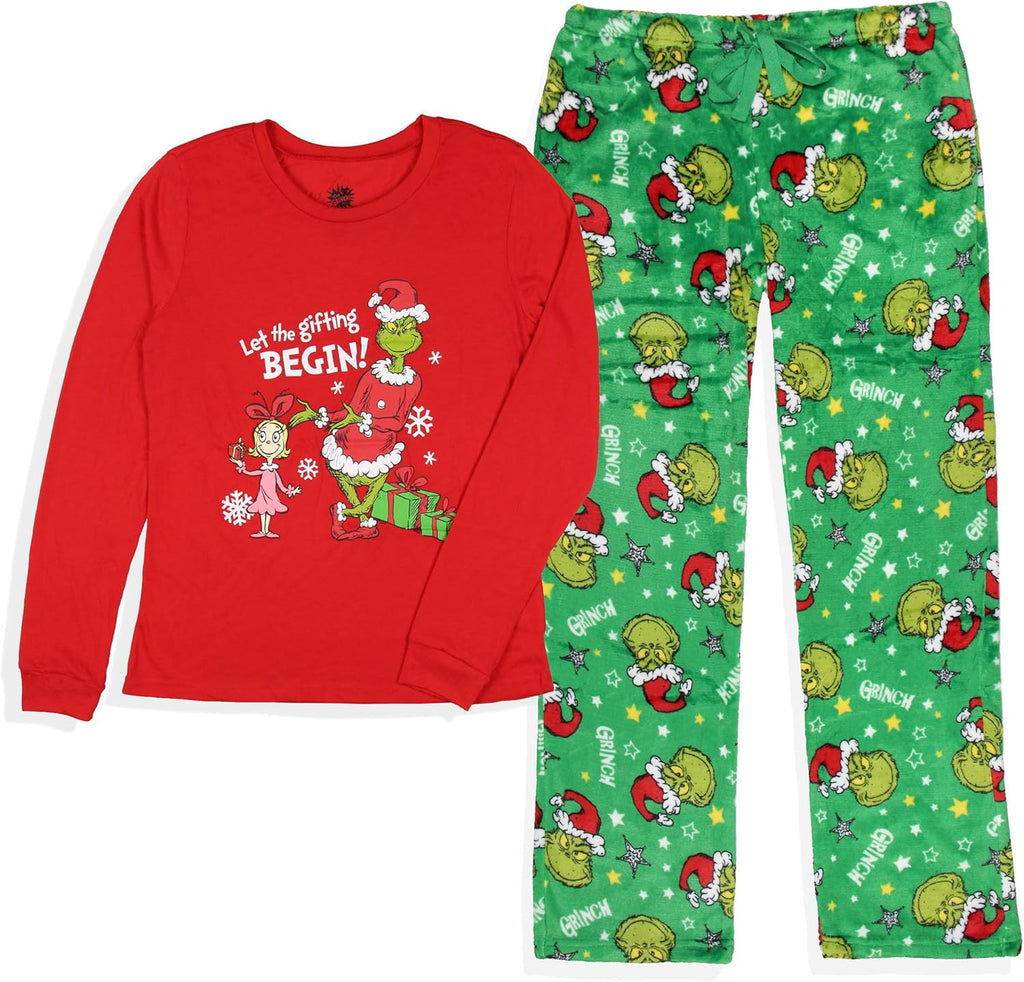Dr. Seuss Women's GRINCH Let The Gifting Begin Junior's Lounge Pajama Sleep Set, Medium Multicolored