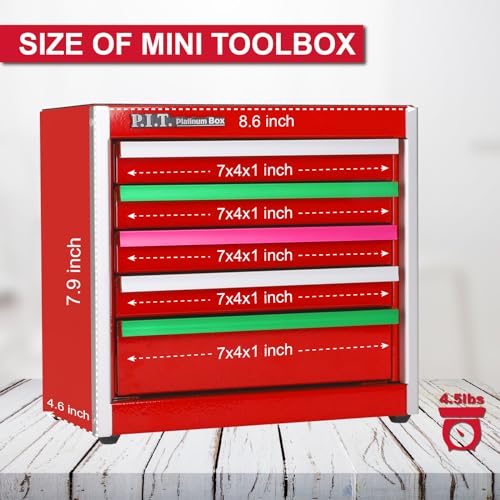 P.I.T. Mini Red Tool Box with 5 Drawers, Portable Steel Storage Case Q478