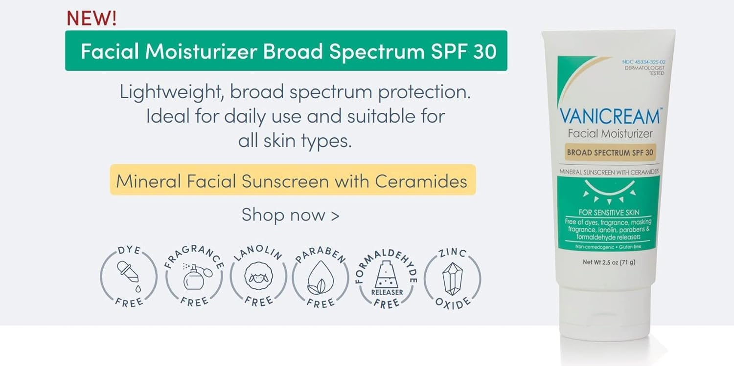 Vanicream Facial Moisturizer SPF 30 for Sensitive Skin, 2.5 Fl Oz Pack of 2 E13989