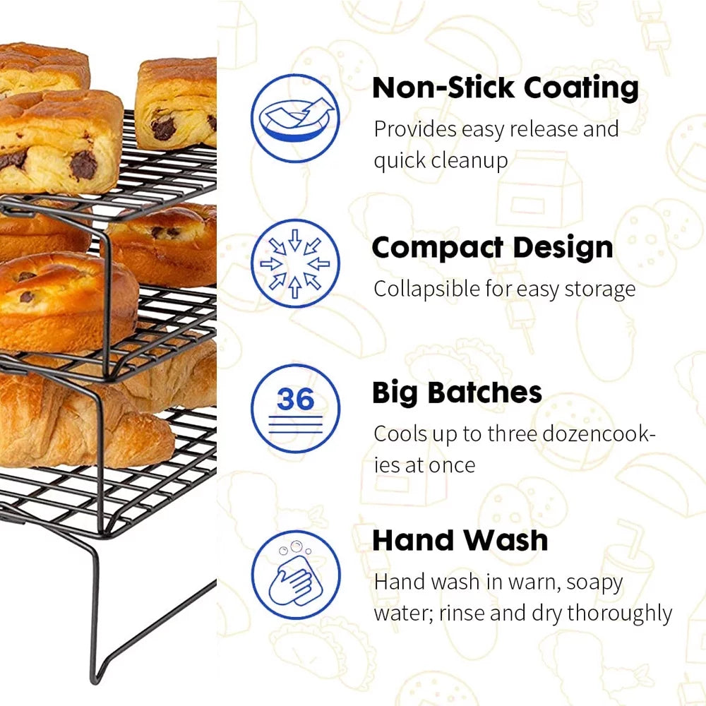 3-Tier Stackable Stainless Steel Cooling Rack with Folding Legs, 15"x10" Q505867