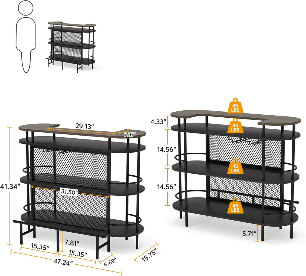 4 Tier Bar Cabinet with Storage Shelves, Foot Rail and Wine Glasses Holder, Black and Walnut Z731