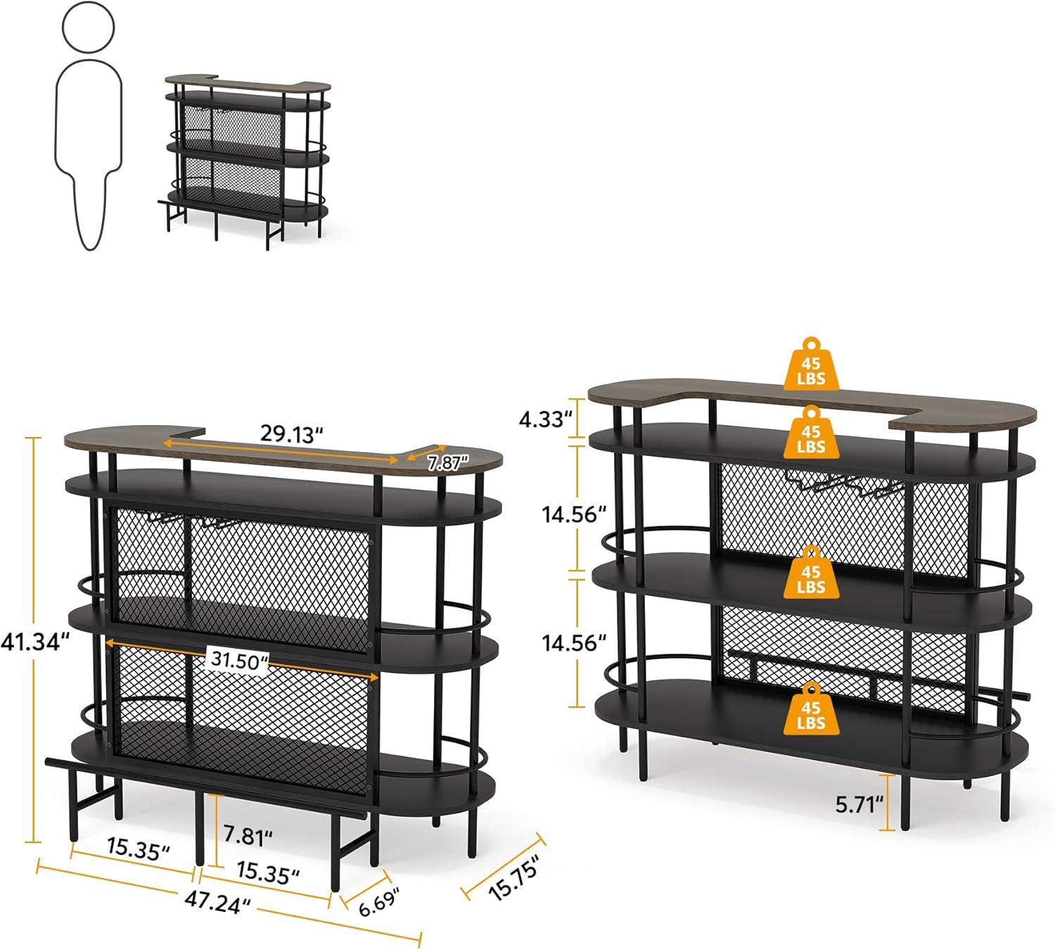 4 Tier Bar Cabinet with Storage Shelves, Foot Rail and Wine Glasses Holder, Black and Walnut Z731