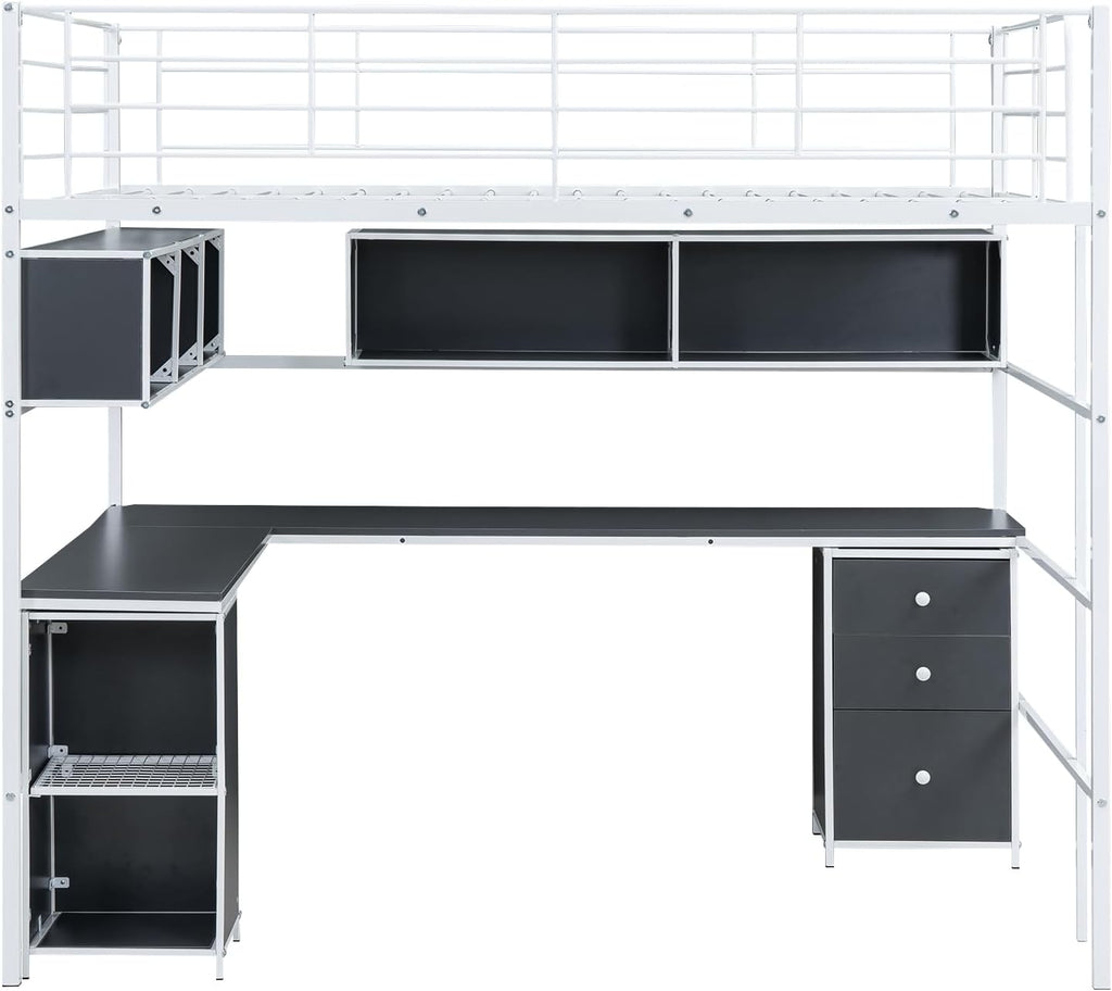Metal Loft Bed with Bookcase, Desk and Cabinet, Full, White Q330