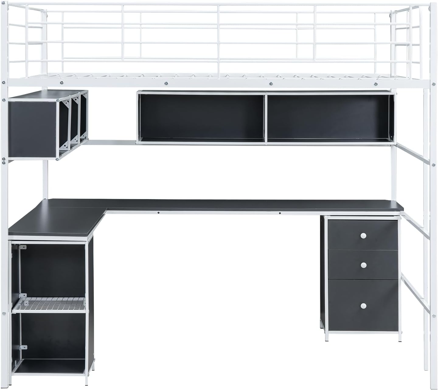 Metal Loft Bed with Bookcase, Desk and Cabinet, Full, White Q330