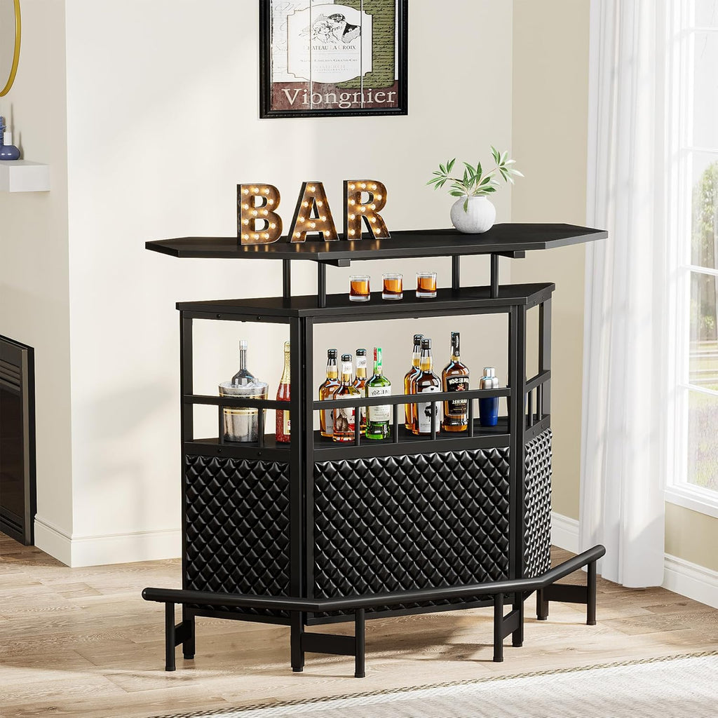 Bar Unit for Liquor, 4 Tier Home Bar Cabinet with Stemware Rack, Black Q2108
