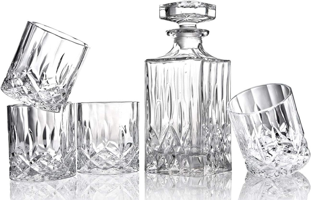 ELIDOMC 5PC Italian Glass Whiskey Decanter Set with 4 Old Fashioned Glasses A4691