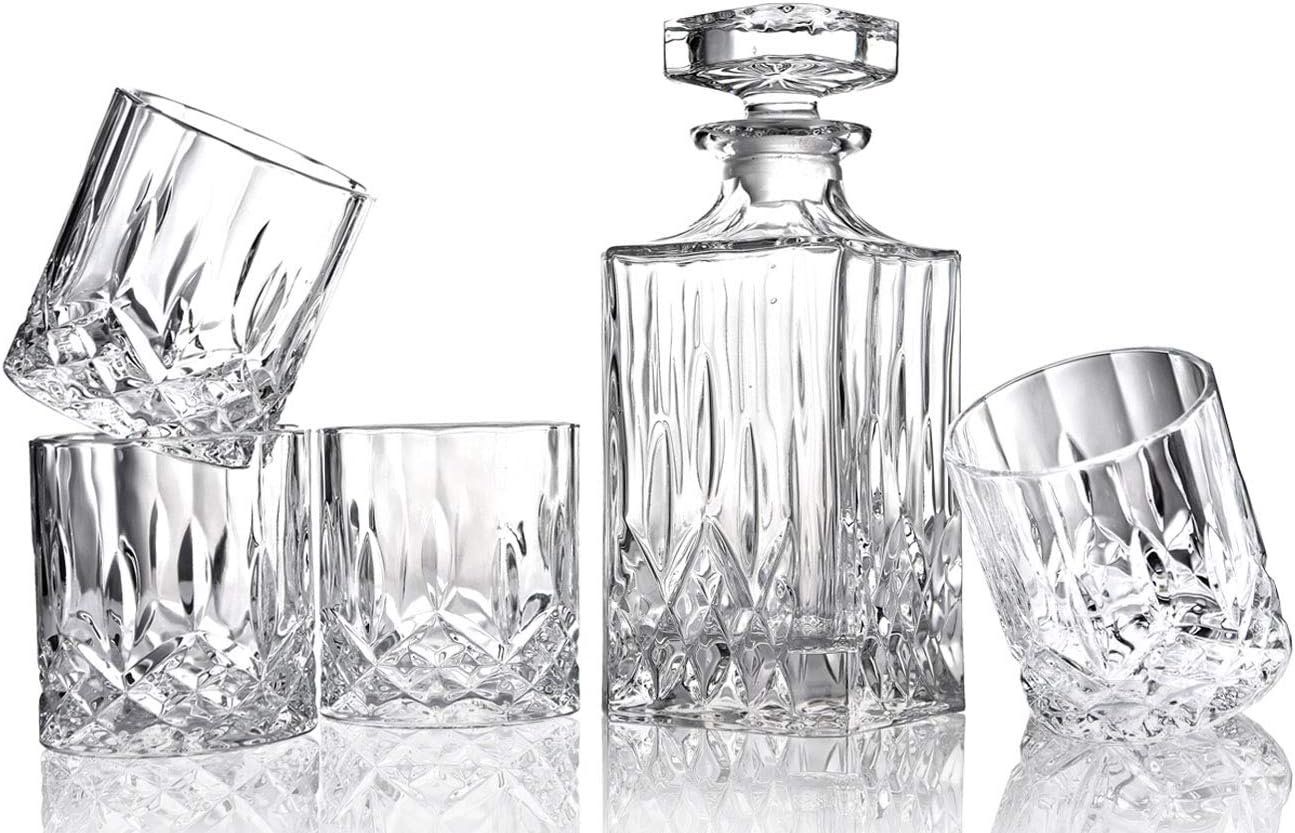 ELIDOMC 5PC Italian Glass Whiskey Decanter Set with 4 Old Fashioned Glasses A4691