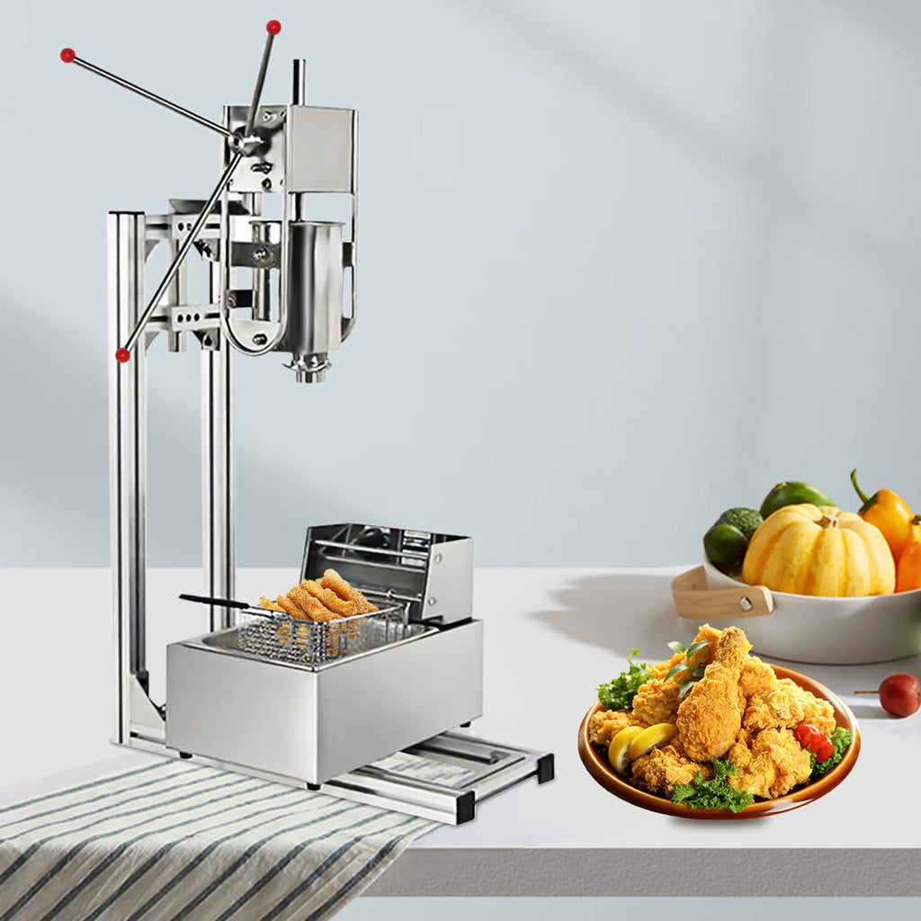 Miumaeov Churros Machine Manual Stainless Steel Vertical Sausage Stuffer with 12L Fryer G5601