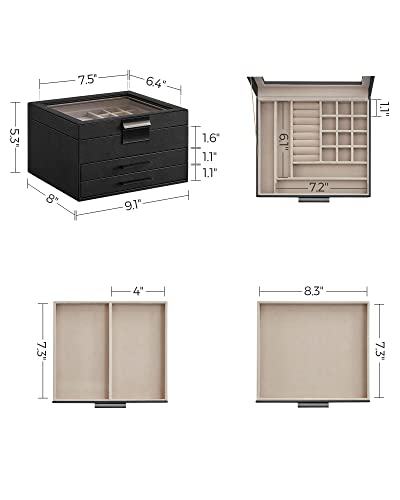 SONGMICS Jewelry Box with Glass Lid, 4-Layer Organizer, Dove Gray and Gold R6030