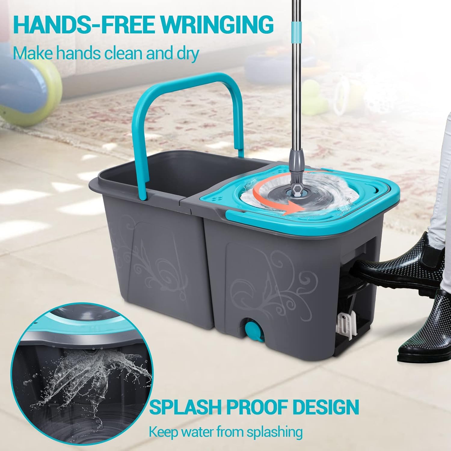 Mastertop Spin Mop and Bucket with Wringer, 6 Replacement Refills for Hardwood, Tile W942987