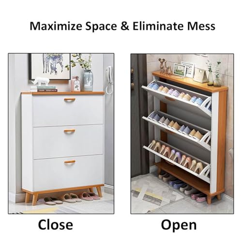 Slim Hidden Shoe Cabinet 3 Flip Drawers Wooden Tall Shoe Storage V823007