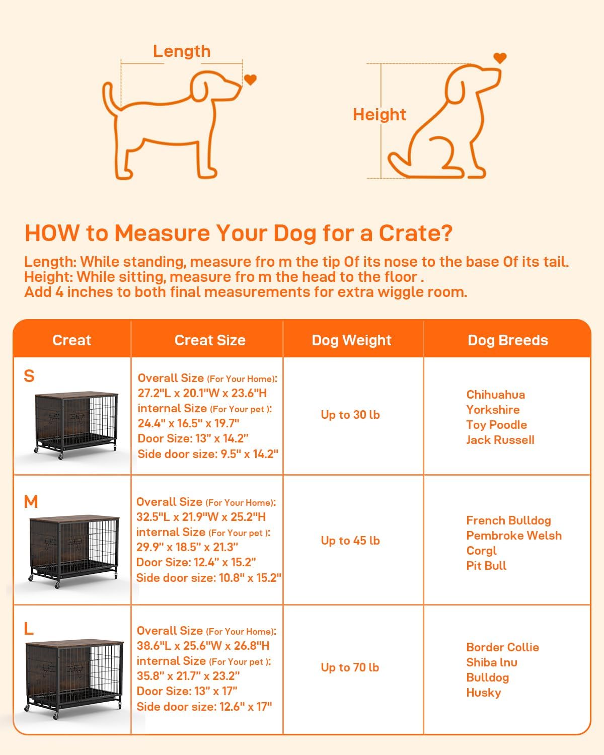 Dog Crate Furniture with Removable Tray and Wheels, Double-Door Wooden Kennel, Brown N6860