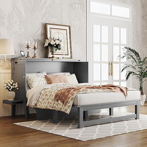 XD Designs Modern Full Size Murphy Bed with Cabinet and Drawers, Traditional Solid Wood Murphy Bed Chest, Can be Folded into a Wardrobe, Storage Platform Bed Wall Bed, Space-Saving Design