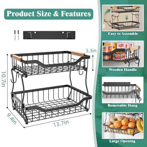 3 Tier Countertop Fruit Basket for Kitchen with Banana Hangers, Black V979701