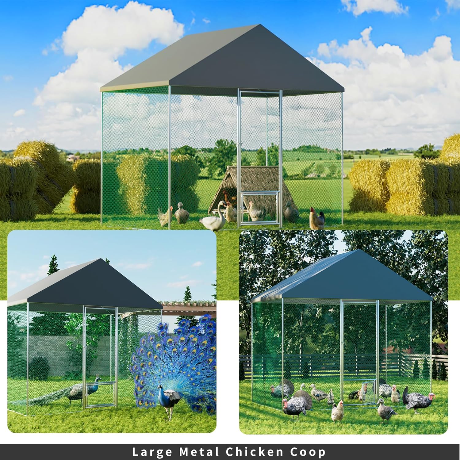 Large Chicken Coop Run Outdoor Walk-in Poultry Hen Cage with Waterproof Cover L485567