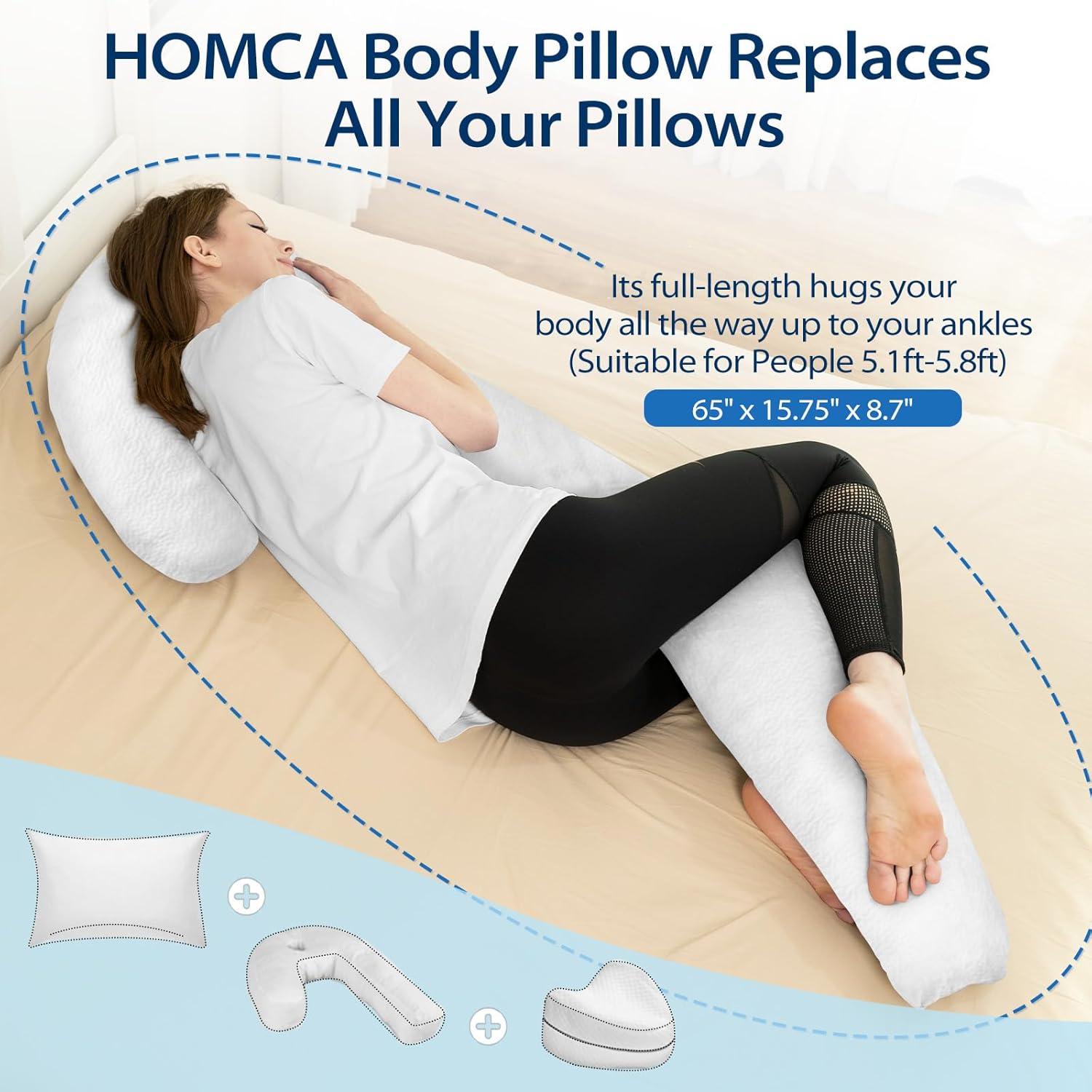 HOMCA Body Pillow for Adults, Shredded Memory Foam, Side Sleeper with Cover J2020