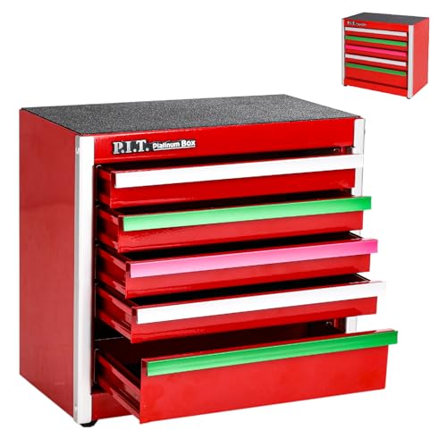 P.I.T. Mini Red Tool Box, Portable 5-Colorful Drawer Micro Roll Cab Steel Tool Box with Liner, Red Small Tool Case for Tools Storage, Home DIY