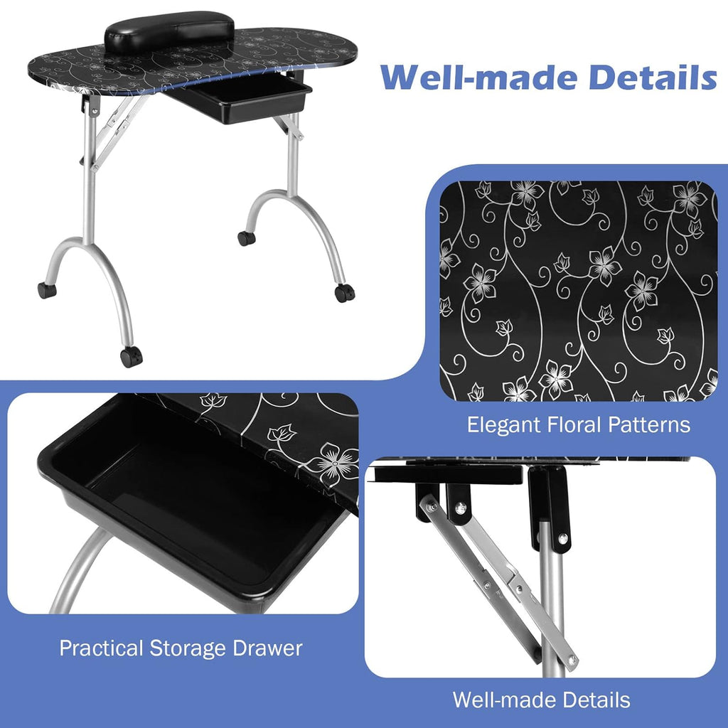 Giantex Portable Manicure Table with Drawer, Wrist Rest, Lockable Casters, Carrying Bag, Black R745771
