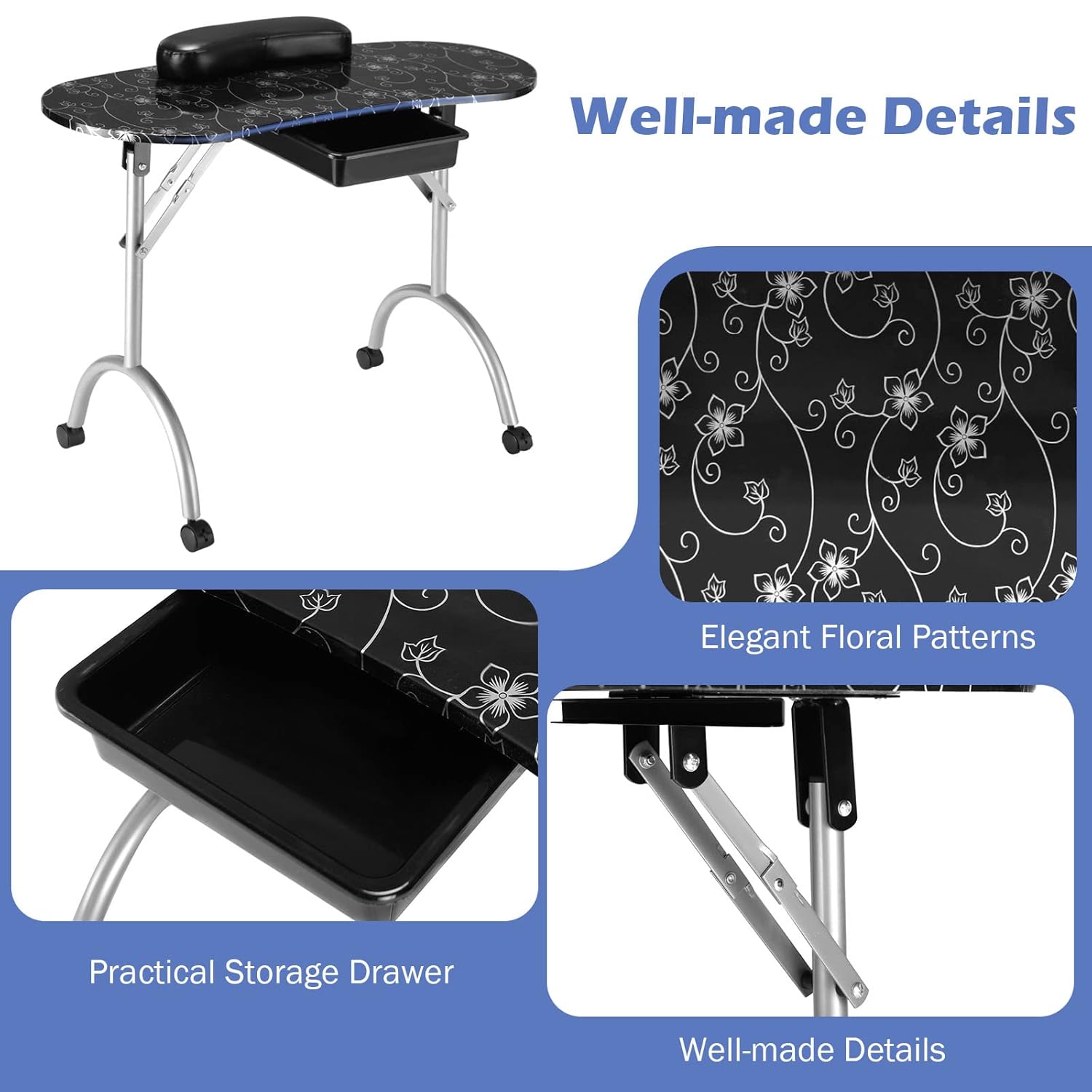 Giantex Portable Manicure Table with Drawer, Wrist Rest, Lockable Casters, Carrying Bag, Black R745771