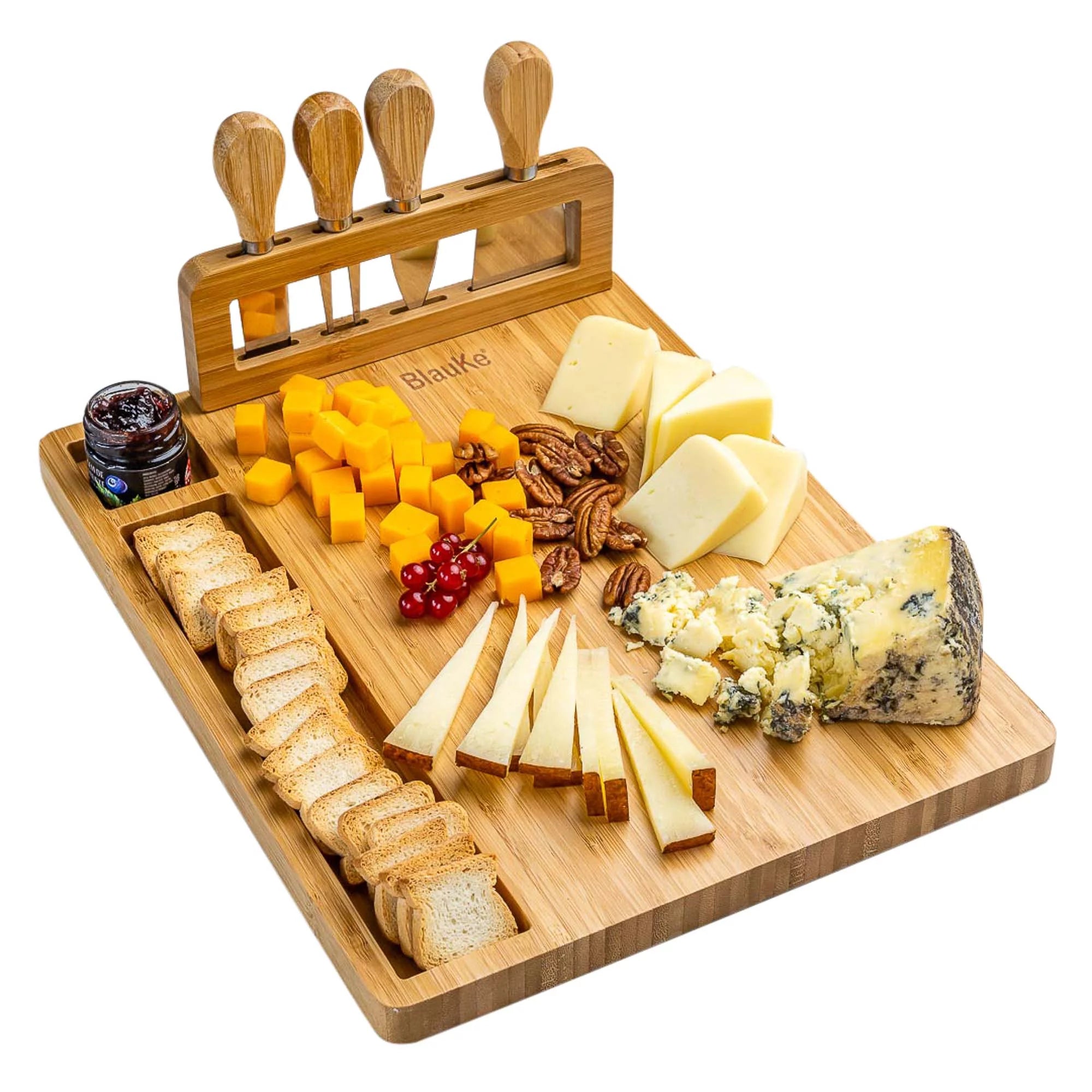 BlauKe® Bamboo Cheese Board and Knife Set 14x11 inch – Wood Cheese Cutting Board, Serving Tray Platter, Charcuterie Board Set with 4 Cheese Knives