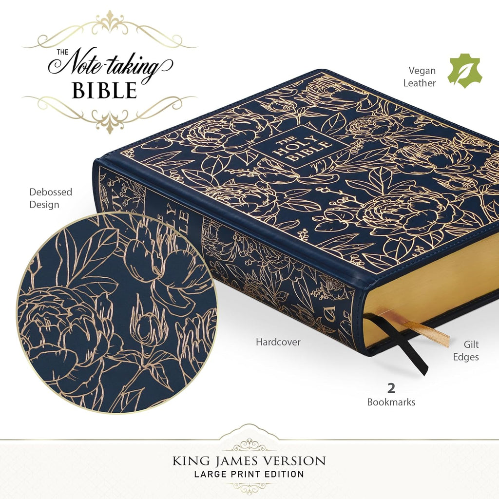 KJV Holy Bible Large Print Note-taking Faux Leather Hardcover Navy Gold Floral J4250