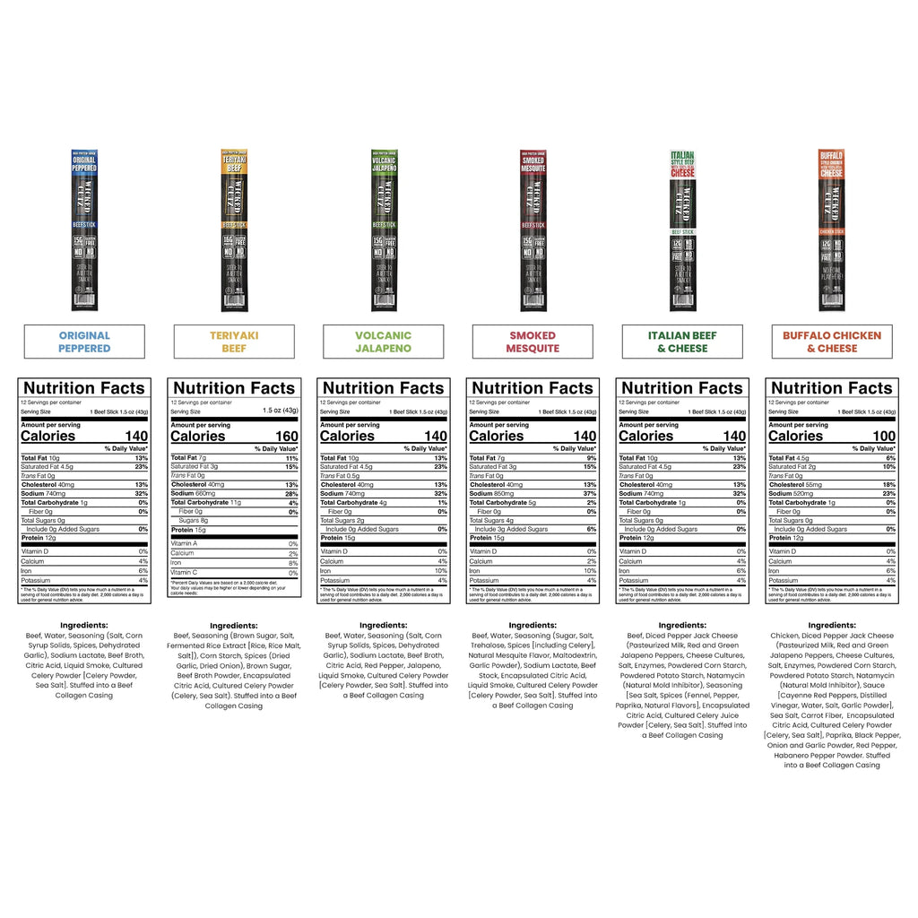Wicked Cutz Premium Beef Jerky Sticks, 6-Flavor Variety Pack, 18-Pack Q51540