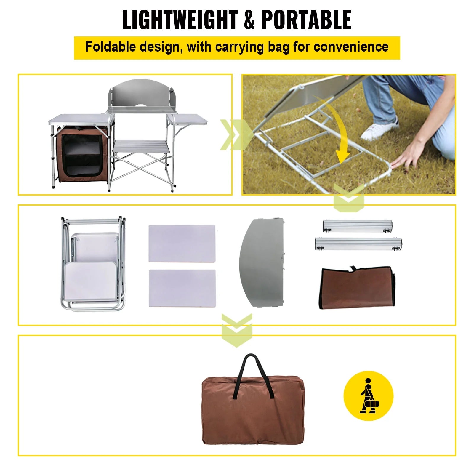VEVOR Camping Kitchen Station, Aluminum Portable Folding Cook Table with Windshield M3664