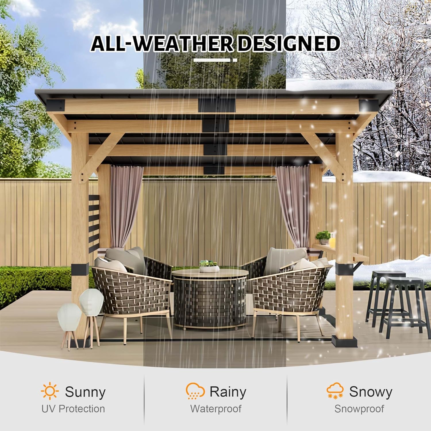 Wood Gazebo 10' x 12' Hardtop Cedar with Metal Roof and Curtains Q79687