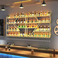 79/94/118" Metal Wine Rack Wall Mounted, Modern Bar Shelves Wall Mounted Wine Rack with LED Light, Liquor Shelf Wall Mounted, Bar Shelves for Liquor Bottles (Black with Blue Led, 71--3 Tier)