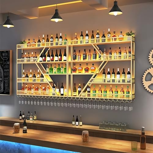 79/94/118" Metal Wine Rack Wall Mounted, Modern Bar Shelves Wall Mounted Wine Rack with LED Light, Liquor Shelf Wall Mounted, Bar Shelves for Liquor Bottles (Black with Blue Led, 71--3 Tier)