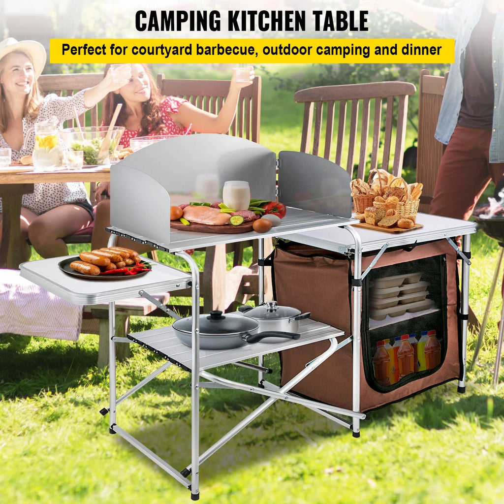 VEVOR Camping Kitchen Station, Aluminum Portable Folding Cook Table with Windshield M3664