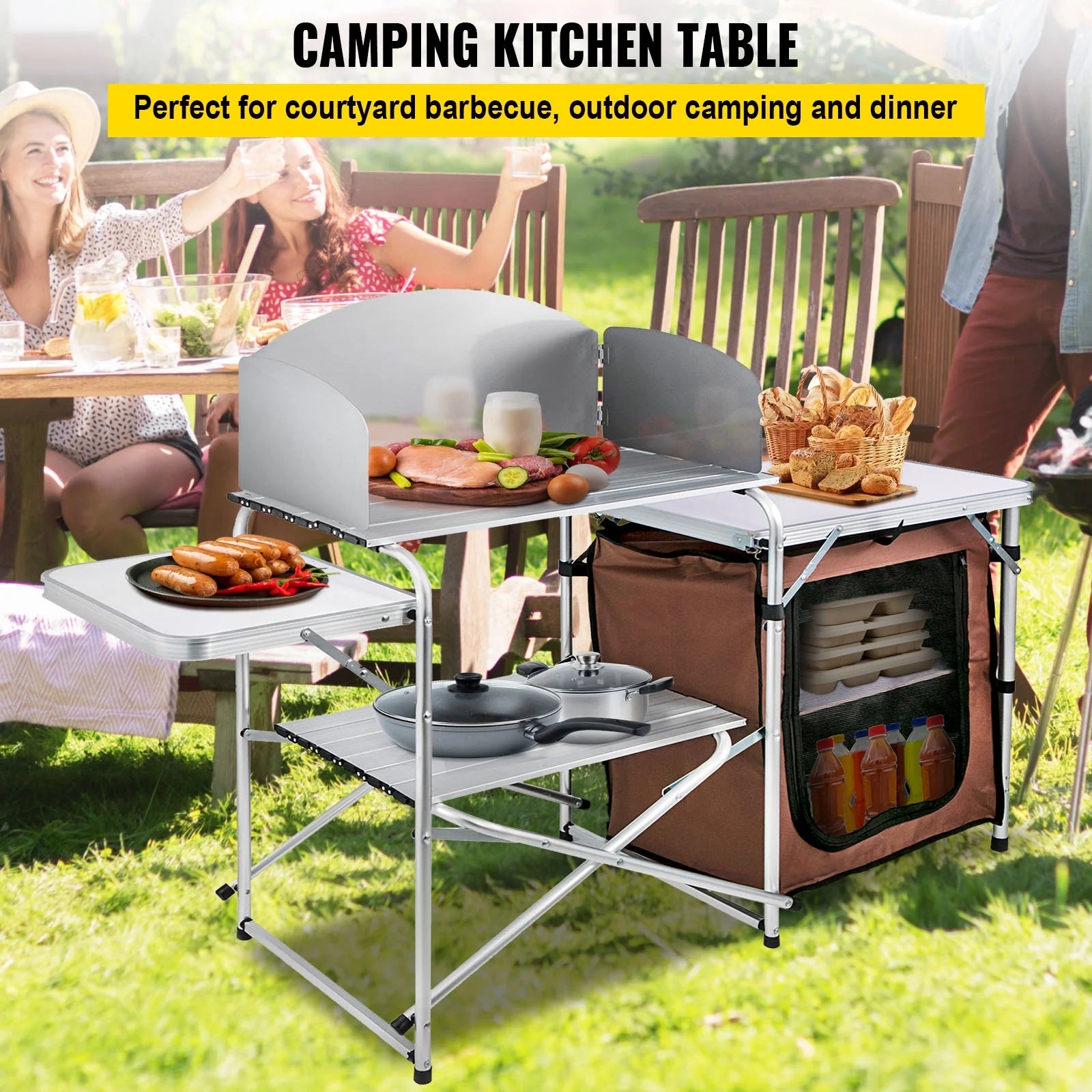 VEVOR Camping Kitchen Station, Aluminum Portable Folding Cook Table with Windshield M3664