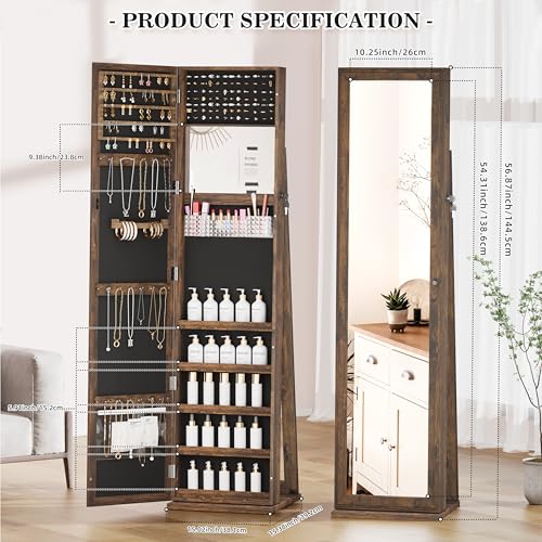 Lockable Jewelry Cabinet with Full-Length Mirror, Brown M5566