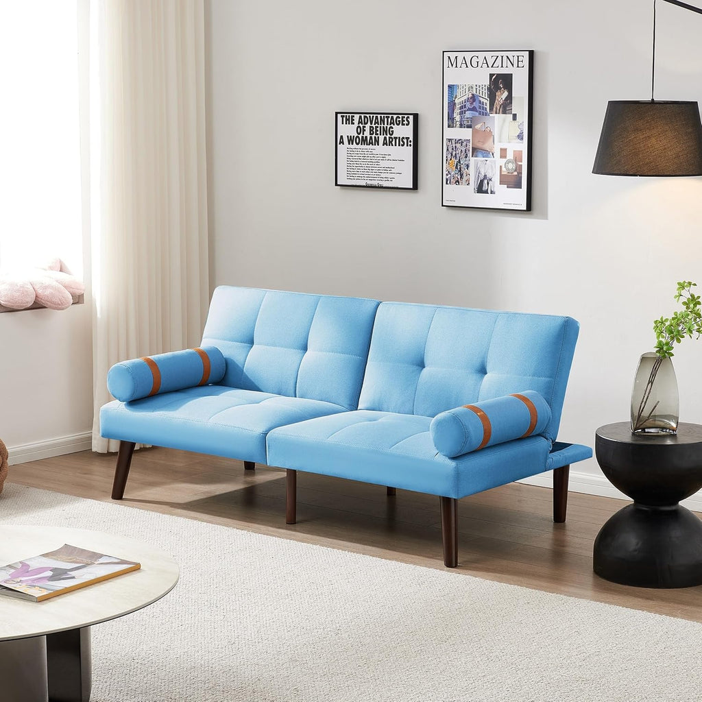 Linen Futon Sofa Loveseat Convertible Sleeper Bed with Solid Wood Legs Adjustable Backrests for Living Room Blue Lake House Modern Contemporary Fabric