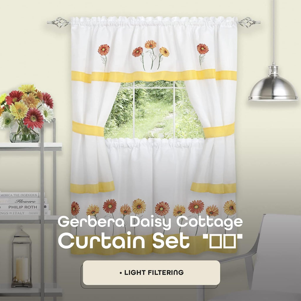 Achim Embellished Cottage Window Curtain Set 58x36 Inch Gerbera Daisy Light Filtering M180