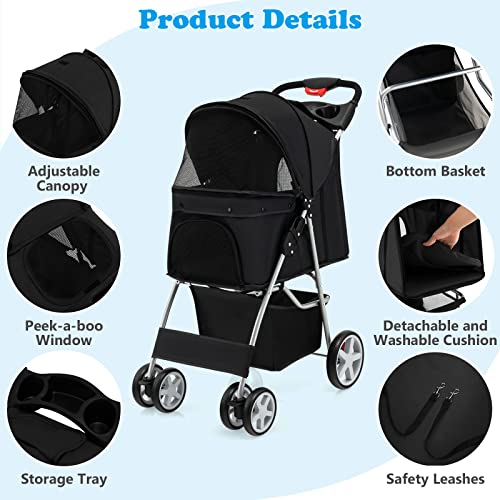 S AFSTAR 4 Wheels Pet Stroller Folding Cat Dog Carrier with Storage Basket, Black P905