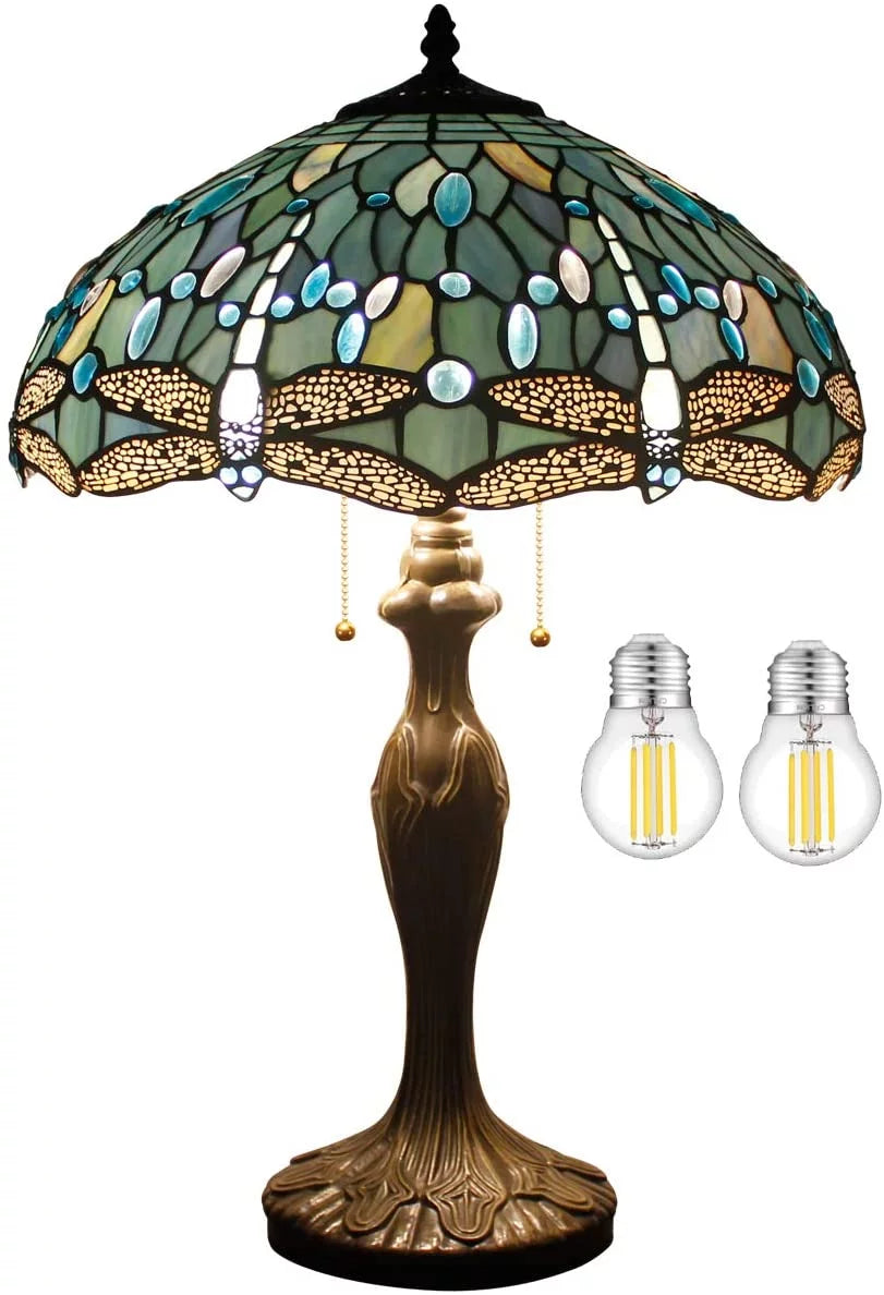 Tiffany Lamp for Living Room Table Top Stained Glass Bedside Table Lamp Bedroom, Industry Metal Base 24" Tall Large Luxurious Sea Blue Dragonfly Style Farmhouse Desk Light WERFACTORY Led Bulb Included