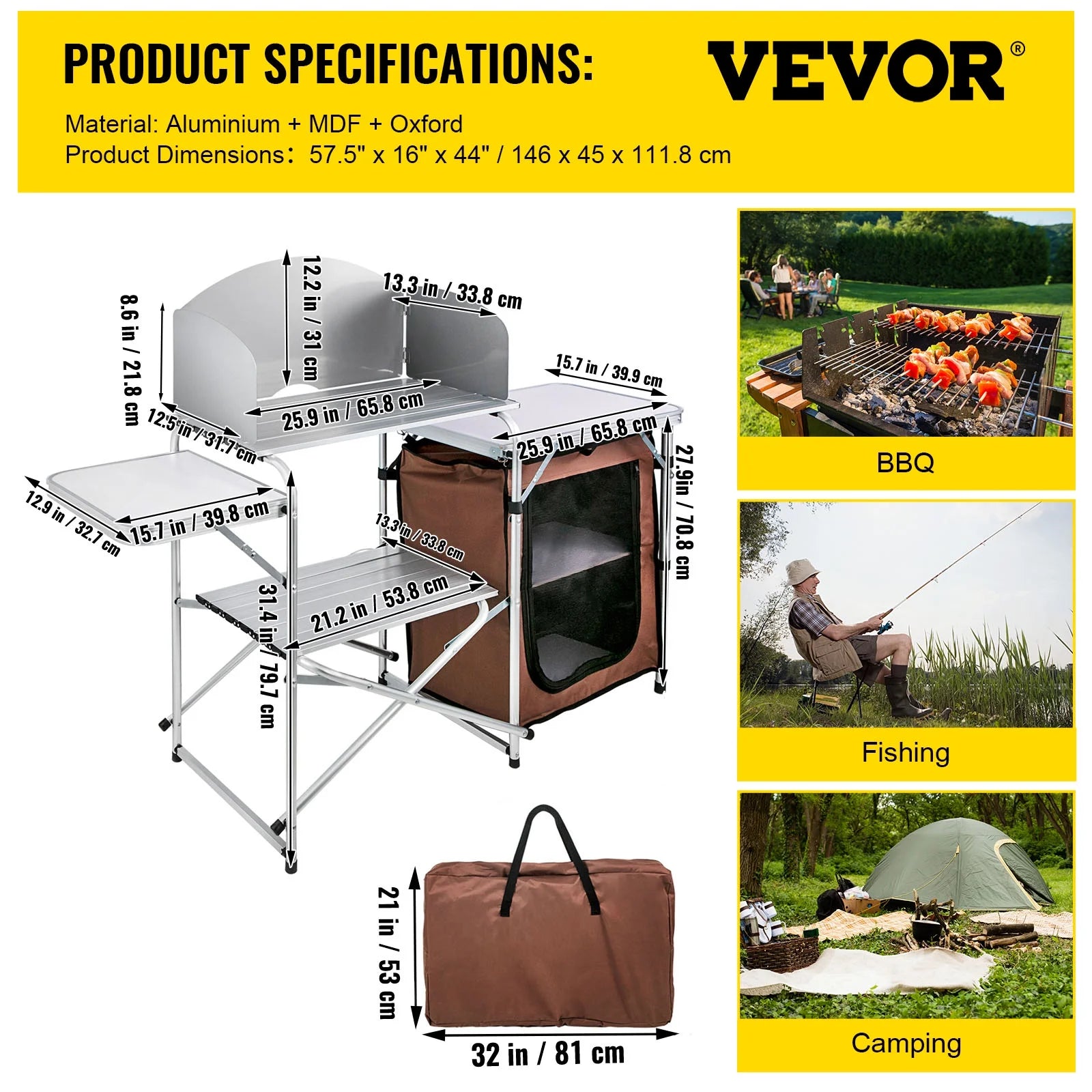 VEVOR Camping Kitchen Station, Aluminum Portable Folding Cook Table with Windshield M3664