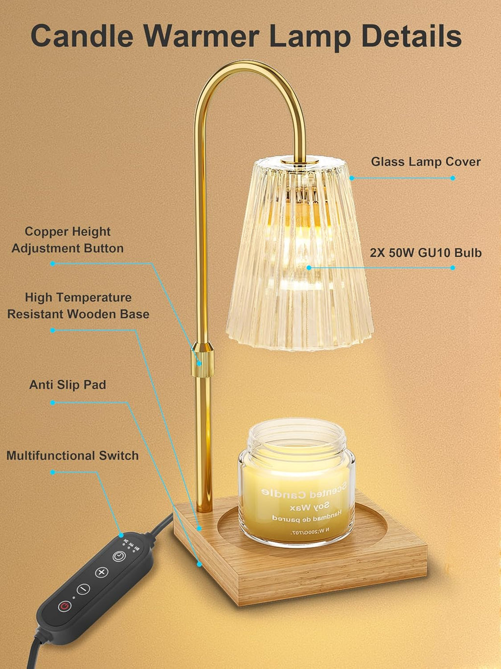 Candle Warmer Lamp with Timer, Dimmable, Adjustable Height, 2 Bulbs Included N209501