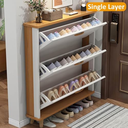 Slim Hidden Shoe Cabinet 3 Flip Drawers Wooden Tall Shoe Storage V823007