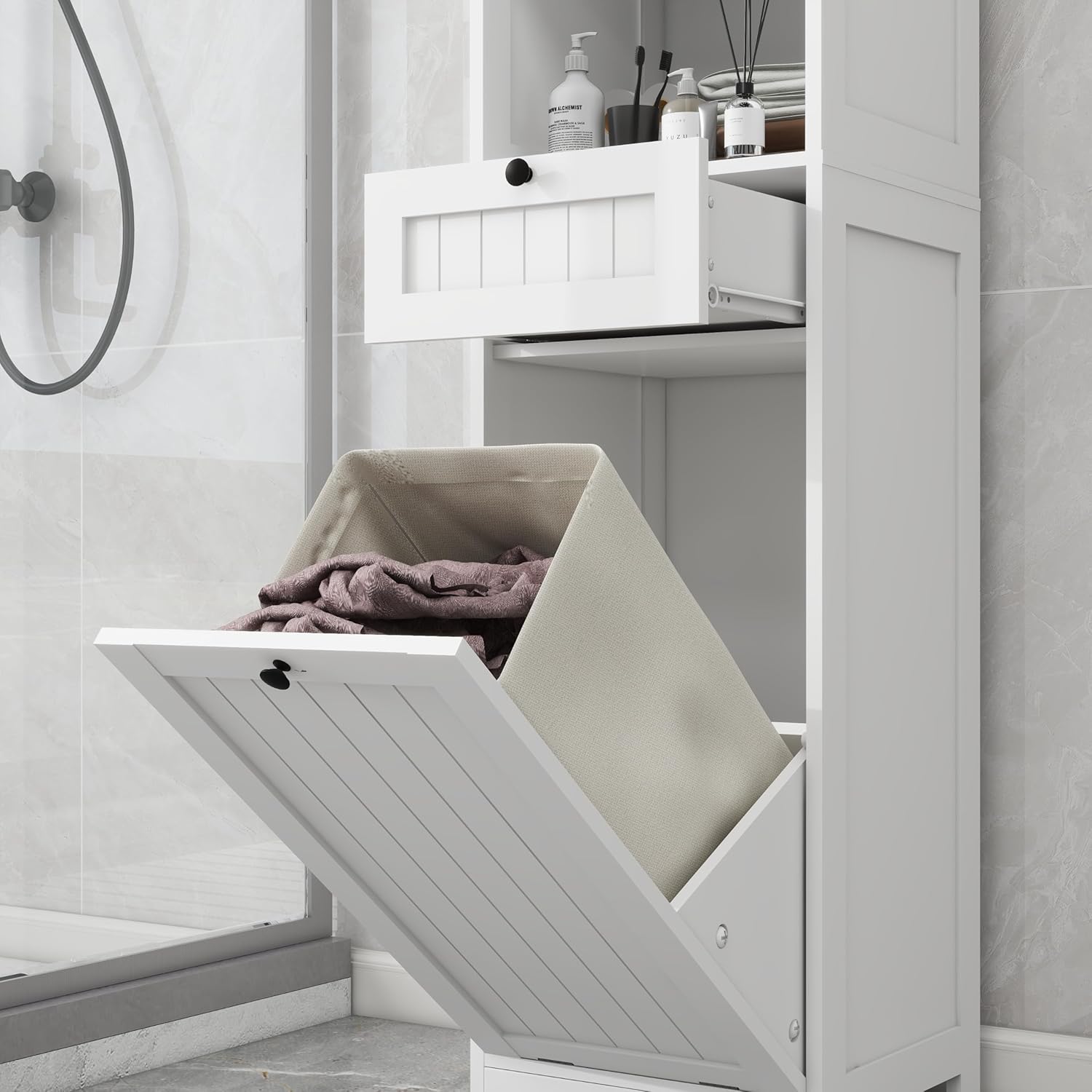 Compact Laundry Sorter Cabinet with Tilt-Out Basket Drawer White, Durable Easy to Assemble Space-Saving Design for Bathroom Laundry Room Balcony Narrow Spaces