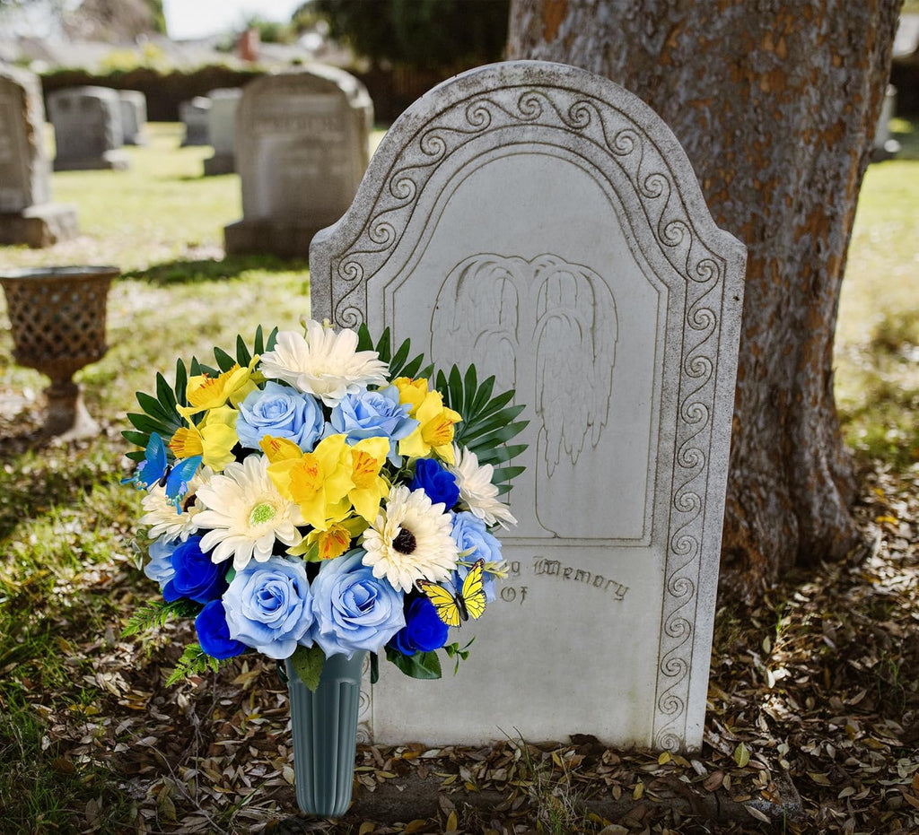 Artificial Cemetery Flowers for Grave with Headstone Vase and 2 Butterflies, Blue/White/Yellow V693110