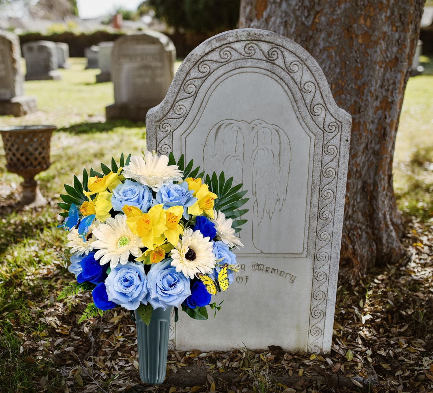 Artificial Cemetery Flowers for Grave with Headstone Vase and 2 Butterflies, Blue/White/Yellow V693110