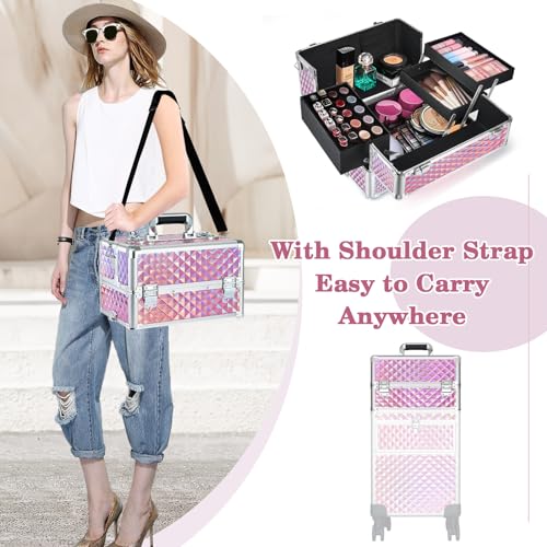 Professional Rolling Makeup Train Case with 360° Swivel Wheels, Large Storage Traveling Cart Trunk Y9925