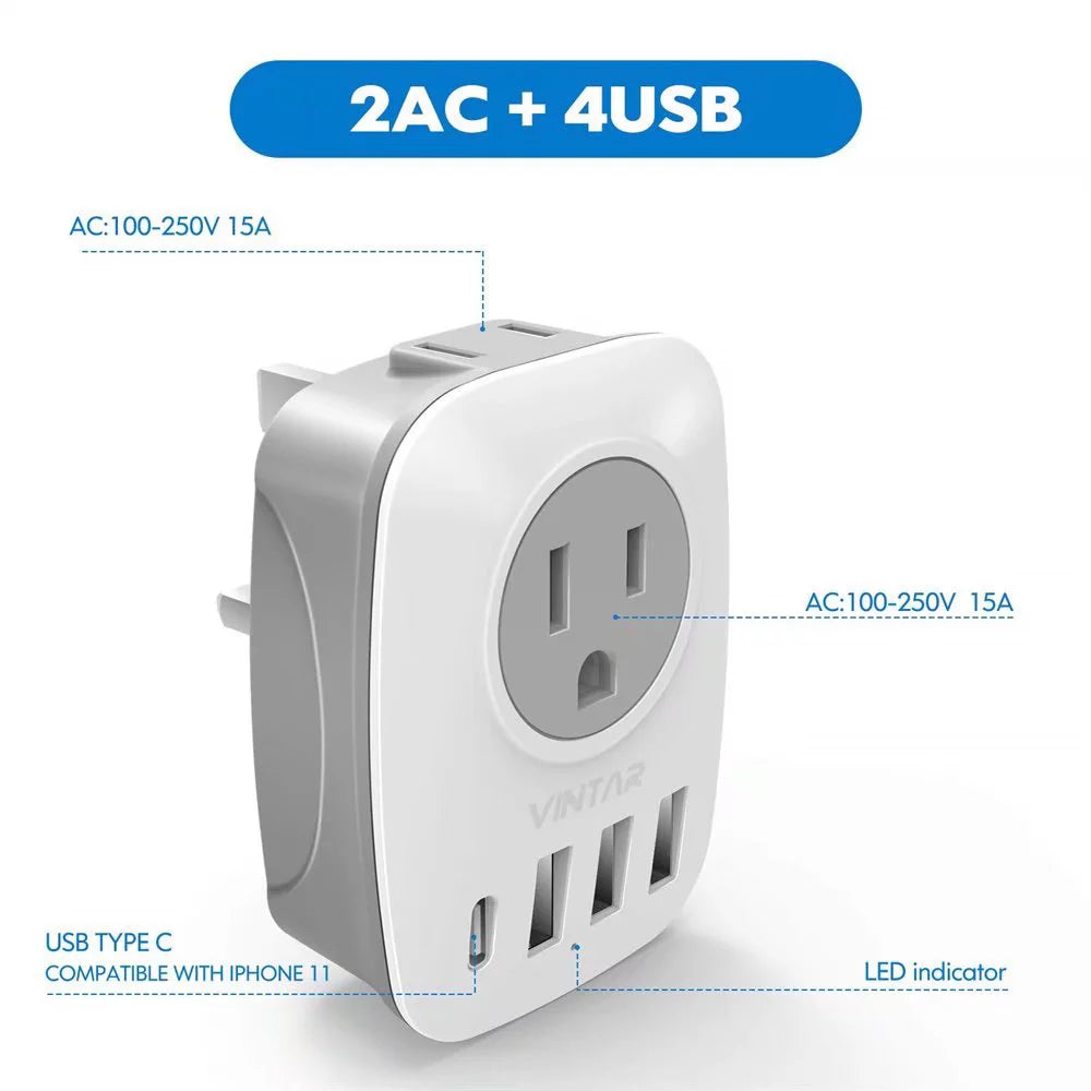 VINTAR Travel Adapter US to UK, Type G Plug, 4 USB Ports, 2 Pack C363257